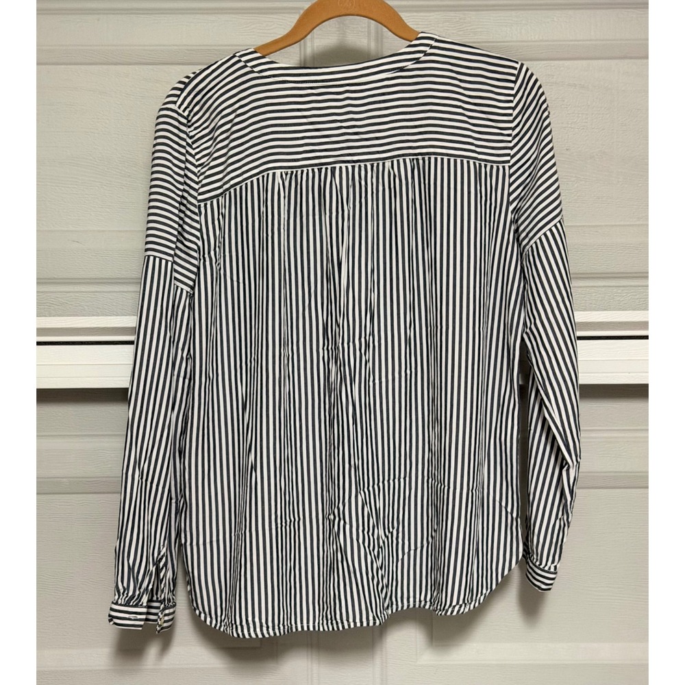 LOFT Shirt Womens Small Navy White Striped Long Sleeve V-Neck Blouse coastal EUC - Picture 3 of 5